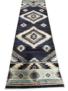 expressions south west native american indian runner area rug turquoise beige grey blue purple storm blue design 1033 (2 feet 2 inch x 7 feet)