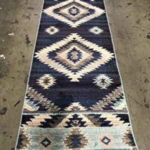 Expressions South West Native American Indian Runner Area Rug Turquoise Beige Grey Blue Purple Storm Blue Design 1033 (2 Feet 2 Inch X 7 Feet)