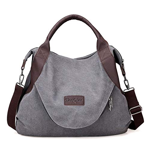 xiaoxiongmao Large Pocket Casual Women's Shoulder Cross body Handbags Canvas Leather Bags Grey