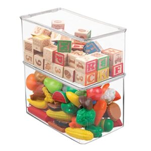 mdesign plastic stackable toy storage bin container box with hinge lid for organizing living room, play room, bedroom, nursery – holds blocks, puzzles, books – lumiere collection – 2 pack – clear