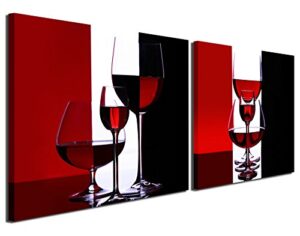gardenia art – wine canvas paintings wall art pictures abstract wine glass in red black white for kitchen bedroom living room decoration, 12×12 inch per piece, 2 pieces per set