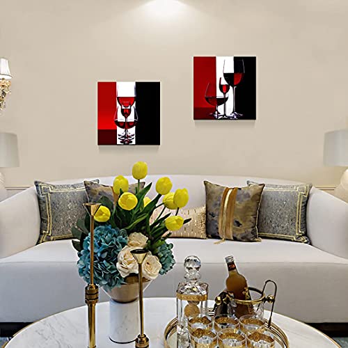 Gardenia Art - Wine Canvas Paintings Wall Art Pictures Abstract Wine Glass in Red Black White for Kitchen Bedroom Living Room Decoration, 12x12 inch per Piece, 2 Pieces per Set