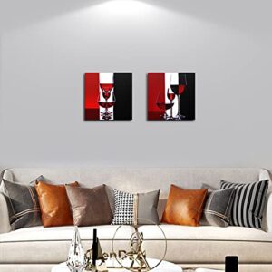 Gardenia Art - Wine Canvas Paintings Wall Art Pictures Abstract Wine Glass in Red Black White for Kitchen Bedroom Living Room Decoration, 12x12 inch per Piece, 2 Pieces per Set