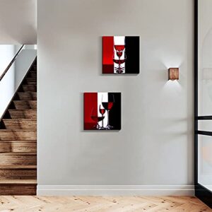 Gardenia Art - Wine Canvas Paintings Wall Art Pictures Abstract Wine Glass in Red Black White for Kitchen Bedroom Living Room Decoration, 12x12 inch per Piece, 2 Pieces per Set