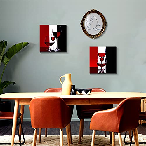 Gardenia Art - Wine Canvas Paintings Wall Art Pictures Abstract Wine Glass in Red Black White for Kitchen Bedroom Living Room Decoration, 12x12 inch per Piece, 2 Pieces per Set