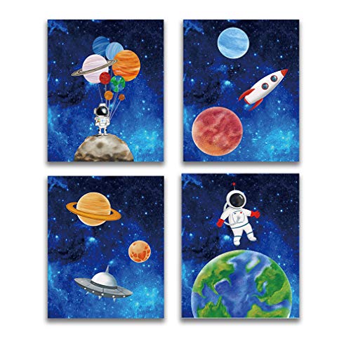 XUN Starry Outer Space Art Print-Galaxy Planets Astronauts Space Themed Canvas Wall Art(8"x10"x4pcs ，Unframed)-Perfect for Kids Boy Bedroom Decoration