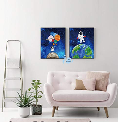 XUN Starry Outer Space Art Print-Galaxy Planets Astronauts Space Themed Canvas Wall Art(8"x10"x4pcs ，Unframed)-Perfect for Kids Boy Bedroom Decoration