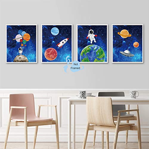 XUN Starry Outer Space Art Print-Galaxy Planets Astronauts Space Themed Canvas Wall Art(8"x10"x4pcs ，Unframed)-Perfect for Kids Boy Bedroom Decoration