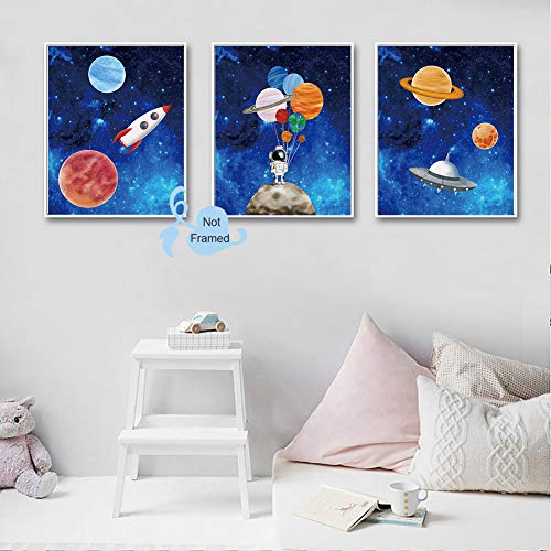 XUN Starry Outer Space Art Print-Galaxy Planets Astronauts Space Themed Canvas Wall Art(8"x10"x4pcs ，Unframed)-Perfect for Kids Boy Bedroom Decoration