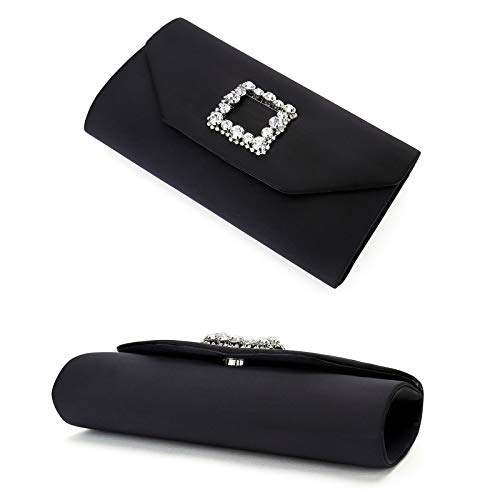 IXEBELLA Satin Evening Bag for Women Clutch Purse Embellished Crystals Buckle (Black)