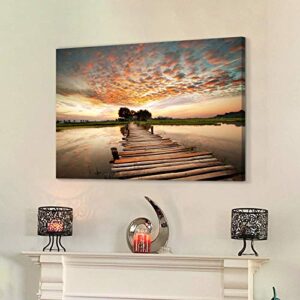 Hardy Gallery Lake Bridge Canvas Picture Artwork: Wooden Bridge Painting Sunset Landscape Wall Art Print for Living Room (45” x 30” x 1 Panel)