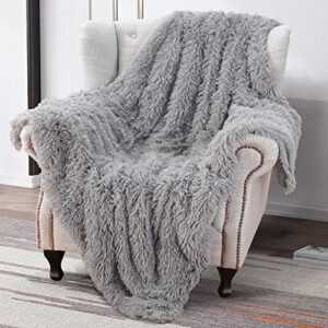 softlife home decorative fluffy faux fur throw blanket 50″ x 60″, reversible fuzzy warm sherpa blankets for couch sofa bed throw size (grey)