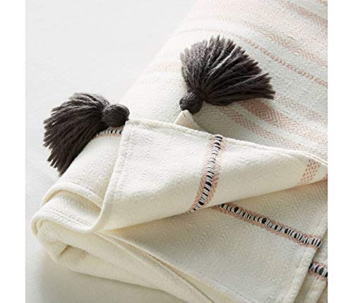 Hearth & Hand with Magnolia Throw Blanket Collection (Dusty Pink Stripe with Poms, Plain Weave)