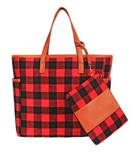 monoblanks women buffalo plaid check tote set with matching wristlet,personalized top handle handbag working bag best gift for her (red buffalo plaid)
