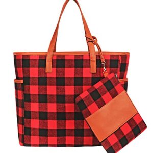 MONOBLANKS Women Buffalo Plaid Check Tote Set with Matching Wristlet,Personalized Top Handle Handbag Working Bag Best Gift for Her (Red Buffalo Plaid)