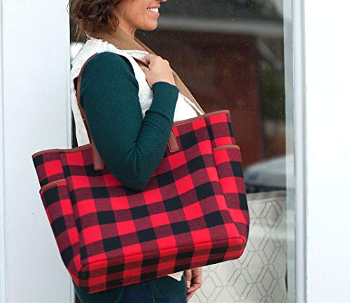 MONOBLANKS Women Buffalo Plaid Check Tote Set with Matching Wristlet,Personalized Top Handle Handbag Working Bag Best Gift for Her (Red Buffalo Plaid)