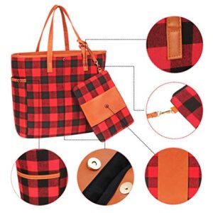 MONOBLANKS Women Buffalo Plaid Check Tote Set with Matching Wristlet,Personalized Top Handle Handbag Working Bag Best Gift for Her (Red Buffalo Plaid)