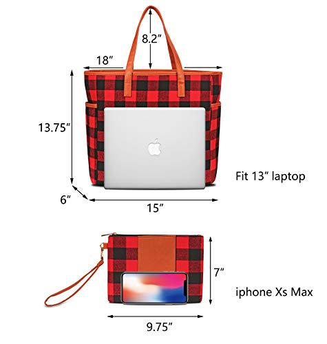 MONOBLANKS Women Buffalo Plaid Check Tote Set with Matching Wristlet,Personalized Top Handle Handbag Working Bag Best Gift for Her (Red Buffalo Plaid)