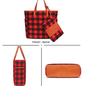 MONOBLANKS Women Buffalo Plaid Check Tote Set with Matching Wristlet,Personalized Top Handle Handbag Working Bag Best Gift for Her (Red Buffalo Plaid)