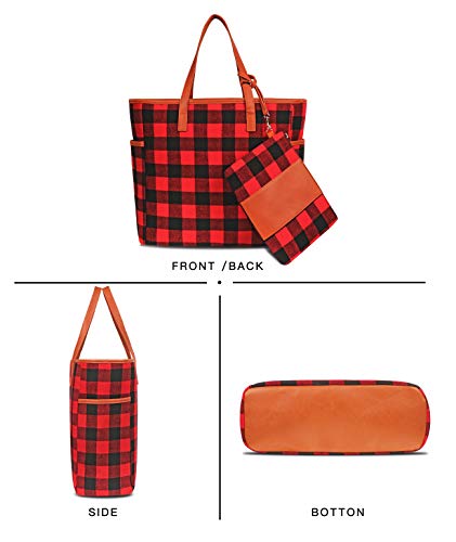 MONOBLANKS Women Buffalo Plaid Check Tote Set with Matching Wristlet,Personalized Top Handle Handbag Working Bag Best Gift for Her (Red Buffalo Plaid)