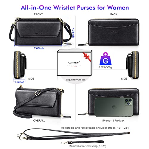 nuoku Womens RFID Wallet Purse Wristlet Crossbody Clutch with Zip Around 2 Strap