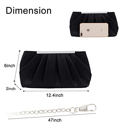 Tanpell Pleated Satin Evening Handbag Women Formal Clutch with Detachable Chain for Wedding Cocktail Party (Black)