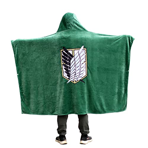 Anime Throw Blanket Flannel Fleece Blanket Cosplay Hooded Cloak Shawl Wrap Nap Quilt (Green, 47''X 65'')