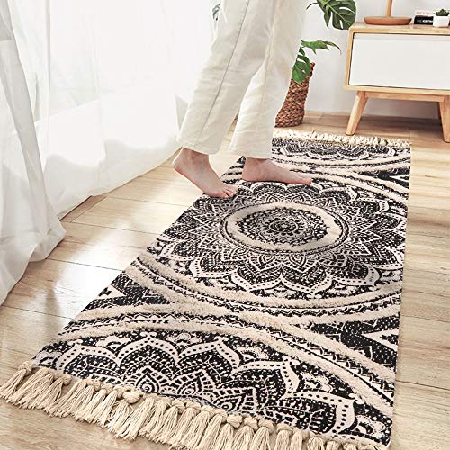 Seavish Tufted Cotton Rug, 2.3X5.2 Black Mandala Boho Rug for Bedroom, Hand Woven Bohemian Runner Throw Rugs, Shag Accent Fringe Tassel Rug for Bedside Kitchen Laundry Room Rug