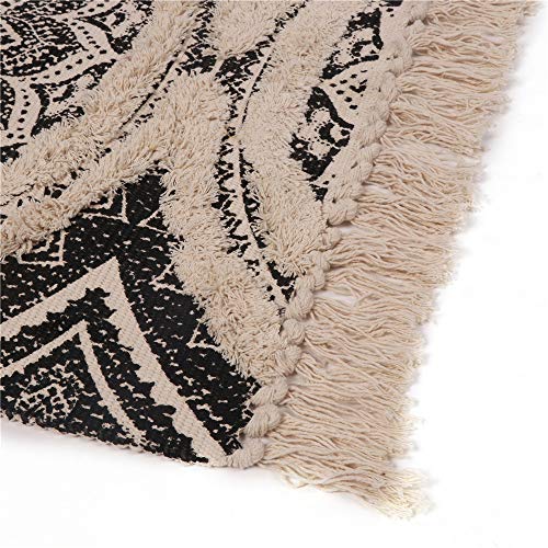 Seavish Tufted Cotton Rug, 2.3X5.2 Black Mandala Boho Rug for Bedroom, Hand Woven Bohemian Runner Throw Rugs, Shag Accent Fringe Tassel Rug for Bedside Kitchen Laundry Room Rug