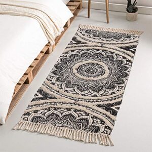 Seavish Tufted Cotton Rug, 2.3X5.2 Black Mandala Boho Rug for Bedroom, Hand Woven Bohemian Runner Throw Rugs, Shag Accent Fringe Tassel Rug for Bedside Kitchen Laundry Room Rug