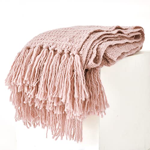 PANDATEX Thick Chunky Pink Knitted Throw Blanket for Couch Chair Sofa Bed, Chic Boho Style Textured Basket Weave Pattern Blanket with Decorative Fringe, 50"x60"