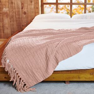 PANDATEX Thick Chunky Pink Knitted Throw Blanket for Couch Chair Sofa Bed, Chic Boho Style Textured Basket Weave Pattern Blanket with Decorative Fringe, 50"x60"