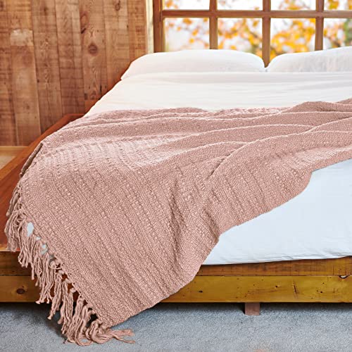 PANDATEX Thick Chunky Pink Knitted Throw Blanket for Couch Chair Sofa Bed, Chic Boho Style Textured Basket Weave Pattern Blanket with Decorative Fringe, 50"x60"