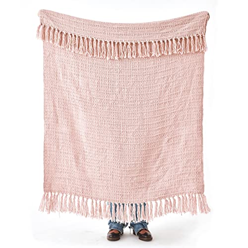 PANDATEX Thick Chunky Pink Knitted Throw Blanket for Couch Chair Sofa Bed, Chic Boho Style Textured Basket Weave Pattern Blanket with Decorative Fringe, 50"x60"