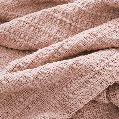 PANDATEX Thick Chunky Pink Knitted Throw Blanket for Couch Chair Sofa Bed, Chic Boho Style Textured Basket Weave Pattern Blanket with Decorative Fringe, 50"x60"