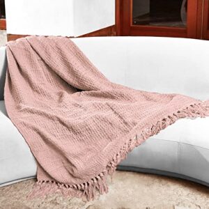 PANDATEX Thick Chunky Pink Knitted Throw Blanket for Couch Chair Sofa Bed, Chic Boho Style Textured Basket Weave Pattern Blanket with Decorative Fringe, 50"x60"