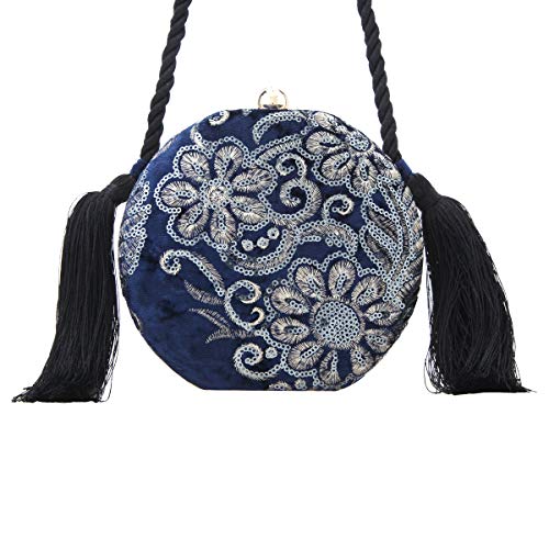 Fawzia Velvet Sequin Embroidery Wedding Clutch Evening Bags-Navy Blue