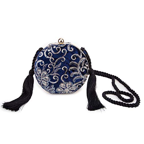 Fawzia Velvet Sequin Embroidery Wedding Clutch Evening Bags-Navy Blue