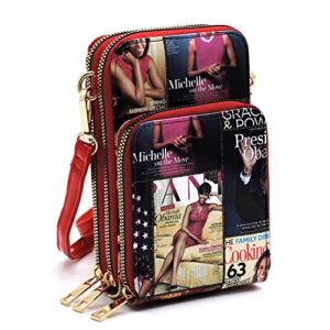 amy & joey magazine cover collage michelle obama printed crossbody bag cellphone purse wallet (multi/rd)
