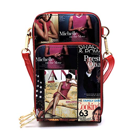 Amy & Joey Magazine Cover Collage Michelle Obama Printed Crossbody Bag Cellphone Purse Wallet (MULTI/RD)