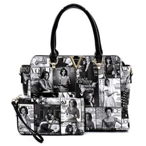glossy magazine cover collage michelle obama printed double handle satchel handbag with matching wallet 2pcs set (gray/bk)