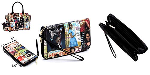 Glossy Magazine Cover Collage Michelle Obama Printed Double Handle Satchel Handbag with Matching Wallet 2pcs set (GRAY/BK)