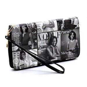 Glossy Magazine Cover Collage Michelle Obama Printed Double Handle Satchel Handbag with Matching Wallet 2pcs set (GRAY/BK)