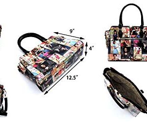 Glossy Magazine Cover Collage Michelle Obama Printed Double Handle Satchel Handbag with Matching Wallet 2pcs set (GRAY/BK)