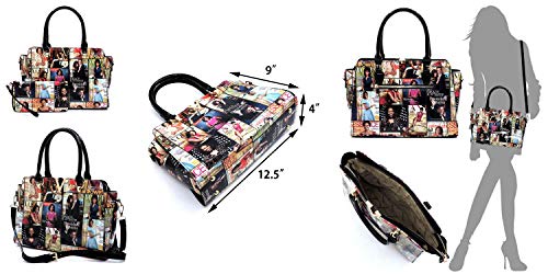 Glossy Magazine Cover Collage Michelle Obama Printed Double Handle Satchel Handbag with Matching Wallet 2pcs set (GRAY/BK)