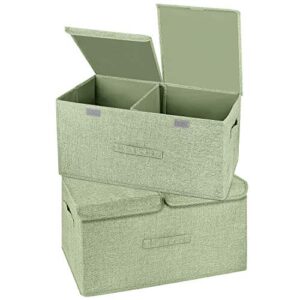 valease 2 pack large storage boxes with lids and handles, collapsible linen storage bins organizer containers baskets cube with removable divider for home bedroom closet office (green, large)