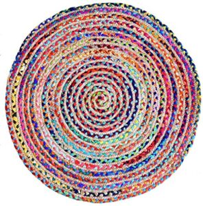 frelish decor round rug area rug, jute & cotton multi chindi braid rug, hand woven & reversible- handwoven from multi-color vibrant fabric rugs bohemian colorful rug (5 feet)