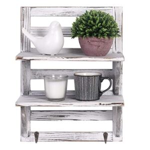 RHF Rustic Wall Shelf, Wood Wall Shelves, Hanging Shelf Organizer Rack, Decorative Floating Shelves for Living Room, Bathroom, Kitchen, Office - 2 Hooks 2-Tier (White)