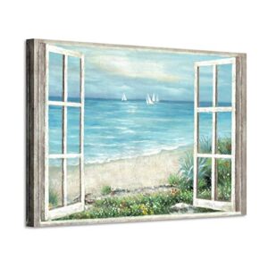 artistic path window picture seascape wall art: sailboat beach scene artwork painting on canvas for office (45″ w x 30″ h,multi-sized)