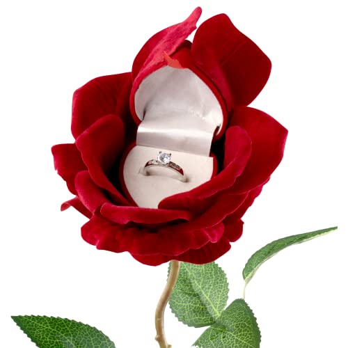 Noble Rose Ring Box - Flower Heart Engagement Ring Box for Proposal Ring, Ceremony, Wedding or Special Occasions (Red)